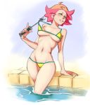  1girl amanda_o&#039;neill bikini bikini_pull green_eyes little_witch_academia navel pink_hair short_hair solo spacedust swimsuit wand 