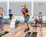  5girls adapted_costume american_flag_legwear american_flag_shirt asphyxiation backwards_hat ball beanie black_legwear black_shirt blonde_hair blue_eyes blue_hair bowling_alley bowling_ball casual choking clipboard clownpiece commentary contemporary crossed_arms crossed_legs dated denim doremy_sweet earth_(ornament) expressionless frown gapangman grin hair_ribbon hat hecatia_lapislazuli hips junko_(touhou) kishin_sagume long_hair long_ponytail looking_at_another moon_(ornament) multicolored_skirt multiple_girls off-shoulder_shirt open_mouth polka_dot polka_dot_shirt pulling purple_skirt red_eyes reflective_floor ribbon shaded_face shirt shoes short_hair short_sleeves shorts signature silver_hair single_wing sitting skirt smile sneakers socks standing surprised tail tank_top thigh-highs touhou very_long_hair white_wings wings 