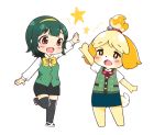  2girls animal_ears blonde_hair crossover doubutsu_no_mori green_hair gunuko hairband high_five idolmaster mole multiple_girls otonashi_kotori red_eyes shizue_(doubutsu_no_mori) short_hair smile tail thigh-highs 