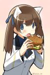  1girl :o blue_eyes blue_ribbon blush brown_background brown_hair eating food georgette_lemare hamburger holding kinosaki_(green_patio) long_hair military military_uniform open_mouth ribbon simple_background solo strike_witches twintails twitter_username uniform upper_body 