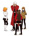  1boy 3girls ahoge archer black_bow black_hair blue_bowtie boots bow brown_hair brown_shoes commentary covering_face fate/extra fate/grand_order fate/stay_night fate_(series) female_protagonist_(fate/grand_order) highres kishinami_hakuno_(female) knee_boots long_hair miniskirt multiple_girls odd_one_out orange_hair pantyhose ruchi school_uniform shoes short_hair side_ponytail simple_background skirt thigh-highs tohsaka_rin toosaka_rin two_side_up white_background white_boots white_hair zettai_ryouiki 