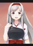  1girl bangs blush brown_eyes female hair_ribbon hairband japanese_clothes kantai_collection letterboxed long_hair looking_at_viewer muneate open_mouth red_background ribbon shoukaku_(kantai_collection) silver_hair smile solo sui_(tsuruhibiki) tasuki 