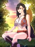  1girl black_hair boots breasts cleavage closed_mouth clouds cowboy_hat female final_fantasy final_fantasy_vii hat hat_removed headwear_removed high_heel_boots high_heels large_breasts lipstick long_hair makeup miniskirt navel red_eyes shunkaku sitting skirt sky sleeveless solo tifa_lockhart tree very_long_hair vest 