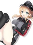  1girl blonde_hair blue_eyes gloves hair_ornament hat highres kantai_collection long_hair ma-a panties peaked_cap prinz_eugen_(kantai_collection) smile solo twintails underwear uniform 