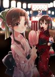  3girls alternate_costume alternate_hairstyle brown_eyes brown_hair candy_apple double_bun fan hair_intakes hair_ribbon half_updo holding holding_food japanese_clothes jintsuu_(kantai_collection) kantai_collection kimono ko_ru_ri lantern lantern_festival long_hair long_sleeves looking_at_viewer multiple_girls naka_(kantai_collection) obi one_eye_closed open_mouth paper_fan paper_lantern remodel_(kantai_collection) ribbon sash sendai_(kantai_collection) shaved_ice short_hair sidelocks smile stall tongue tongue_out two_side_up yukata 