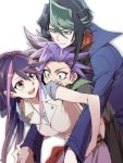  1girl 2boys blush brother_and_sister drawfag jacket kurosaki_ruri kurosaki_shun multicolored_hair multiple_boys open_mouth sandwiched siblings smile sweat two-tone_hair white_background yuto_(yuu-gi-ou_arc-v) yuu-gi-ou yuu-gi-ou_arc-v 