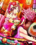  1girl artist_request brown_eyes brown_hair dutch_angle fan folding_fan hair_ornament highres idolmaster idolmaster_cinderella_girls indoors japanese_clothes jpeg_artifacts kimono lips looking_at_viewer mifune_miyu off_shoulder official_art parted_lips red-crowned_crane sandals solo source_request upscaled 