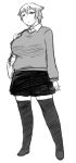  1girl bag breasts collared_shirt flat_gaze fuchibeppu_chiyuri half-closed_eyes huge_breasts monochrome original plump pointy_hair shirt short_hair shoulder_bag sketch skirt solo sweater thigh-highs tsukudani_(coke-buta) 