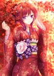  1girl autumn_leaves blush japanese_clothes kimono looking_at_viewer love_live!_school_idol_project nishikino_maki redhead short_hair smile solo toshi_(1-147) violet_eyes 