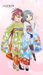  2girls blue_eyes blue_hair clog_sandals copyright_name fang flower hair_flower hair_ornament highres japanese_clothes kimono mahou_shoujo_madoka_magica mahou_shoujo_madoka_magica_movie miki_sayaka multiple_girls obi official_art one_eye_closed oriental_umbrella platform_footwear ponytail red_eyes redhead sakura_kyouko sandals sash short_hair smile tsumami_kanzashi umbrella waifu2x 