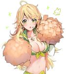  1girl ahoge artist_name blonde_hair breasts cheerleader cleavage earrings female green_eyes headset hoshii_miki idolmaster jewelry large_breasts long_hair midriff navel open_mouth pom_poms rod_(rod4817) shirt simple_background solo star star_earrings star_necklace tied_shirt white_background 
