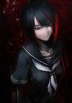  1girl black_hair bob_cut collarbone frown hetza_(hellshock) original red_background red_eyes school_uniform short_hair 