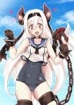  1girl :d air_defense_hime anchor bare_shoulders black_gloves blood blush breasts chain clouds collar cosplay crop_top gloves hair_between_eyes hair_ornament hairband heart horns kantai_collection long_hair looking_at_viewer onaya_masakazu one-piece_swimsuit open_mouth red_eyes ro-500_(kantai_collection) ro-500_(kantai_collection)_(cosplay) sailor_collar school_swimsuit school_uniform serafuku shinkaisei-kan smile solo swimsuit swimsuit_under_clothes very_long_hair water white_hair white_skin 