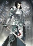  1boy armor black_eyes black_hair blood bloody_clothes caster_(fate/zero) church cross fate/grand_order fate_(series) gilles_de_rais_(fate/grand_order) holding_sword holding_weapon looking_at_viewer solo sword weapon 