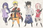  2boys 2girls black_hair blonde_hair haruno_sakura highres hyuuga_hinata kumoko_(supermoichan) long_hair multiple_boys multiple_girls naruto naruto_shippuuden ookami_(game) parody pink_hair purple_hair short_hair style_parody uchiha_sasuke uzumaki_naruto 