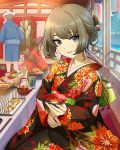  1boy 2girls alcohol artist_request blue_eyes brown_hair green_eyes heterochromia highres idolmaster idolmaster_cinderella_girls japanese_clothes kimono multiple_girls official_art sake takagaki_kaede upscaled 