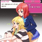  2girls ahoge artist_name blonde_hair commentary_request fang green_eyes hands_on_another&#039;s_shoulders hoshii_miki idolmaster korean long_hair love_live!_school_idol_project lowres multiple_girls nishikino_maki open_mouth redhead rod_(rod4817) school_uniform shirt short_hair striped striped_shirt translation_request violet_eyes 