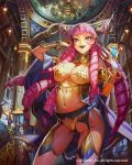  1girl breasts bridal_gauntlets dragon&#039;s_shadow drill_hair fantasy highres kazutaka large_breasts long_hair looking_at_viewer navel party pink_eyes pink_hair skindentation smile thighs very_long_hair 