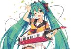  1girl album_cover alternate_costume aqua_eyes aqua_hair ascot blush cover hair_ribbon hatsune_miku instrument keytar long_hair miniskirt nail_polish natsu_natsuna open_mouth ribbon school_uniform skirt smile solo twintails very_long_hair vocaloid white_background wink wire 