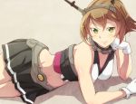  1girl bare_shoulders brown_hair chin_rest e20 gloves green_eyes headgear kantai_collection looking_at_viewer lying midriff mutsu_(kantai_collection) navel on_side pleated_skirt shiny shiny_skin short_hair skirt solo 