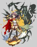  1girl armor boots breastplate cape character_profile commentary_request full_body gold hand_on_hip highres long_hair original pixiv_fantasia pixiv_fantasia_t pointy_ears purple_hair realmbw shiny solo standing sword thigh-highs waechter weapon yellow_eyes 