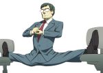  1boy black_hair business_suit chair flexible formal glasses necktie oono_tsutomu original short_hair solo split tea yunomi 