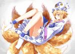  1girl bare_legs blonde_hair dress e.o. fox_tail hat hat_with_ears long_sleeves multiple_tails solo tabard tail touhou upskirt white_dress wide_sleeves yakumo_ran yellow_eyes 