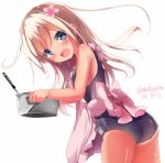  1girl apron ass blonde_hair blue_eyes blush cooking_pot flower from_behind hair_flower hair_ornament kantai_collection long_hair looking_at_viewer looking_back open_mouth ro-500_(kantai_collection) school_swimsuit smile solo swimsuit swimsuit_under_clothes tan tanline yonjyuugo 