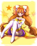  1girl amanogawa_kirara bare_shoulders boots choker cure_twinkle earrings gloves go!_princess_precure jewelry long_hair multicolored_hair orange_hair pana_(1122) precure redhead sitting solo star star_earrings thigh-highs thigh_boots twintails two-tone_hair violet_eyes white_gloves white_legwear 