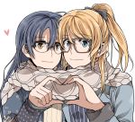  2girls ayase_eli bespectacled blonde_hair blue_eyes blue_hair clipe glasses heart long_hair looking_at_viewer love_live!_school_idol_project multiple_girls ponytail scarf shared_scarf simple_background smile sonoda_umi white_background 