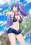  1girl 2boys adapted_costume alternate_costume amumu aqua_eyes aqua_hair arm_warmers bra breasts cleavage crop_top denim denim_shorts large_breasts league_of_legends long_hair midriff multiple_boys pantheon_(league_of_legends) panties parted_lips purple_bra purple_panties shorts sona_buvelle takejun twintails underwear very_long_hair 