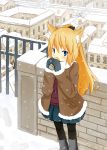 1girl animal_ears blue_eyes boots brick_wall can cityscape coat drinking fence fox_ears fur-trimmed_coat fur-trimmed_sleeves fur_trim hatomaru long_hair mittens original pantyhose ponytail skirt snow snowing soda_can sweater very_long_hair winter winter_clothes winter_coat 