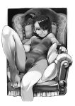  1girl armchair bangle bangs bare_legs bare_shoulders barefoot bracelet breasts chair cushion feet_on_chair futami_ami greyscale hair_ornament highres idolmaster jewelry knee_up kousaku leotard looking_at_viewer monochrome reclining short_hair short_ponytail side_ponytail sitting smile smug solo swept_bangs toes 