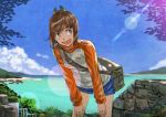  1girl :d bag brown_eyes brown_hair i-401_(kantai_collection) kantai_collection leaning_forward lens_flare naro0427 ocean open_mouth ponytail short_hair shorts sky smile solo track_jacket 