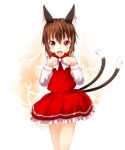  1girl :d absurdres animal_ears aps_(alice-momizi) brown_hair cat_ears cat_tail chen dress frilled_dress frills highres jewelry multiple_tails no_hat open_mouth paw_pose red_eyes shirt single_earring smile tail touhou two_tails 