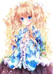  1girl :o black_skirt blonde_hair blue_eyes blush bow floral_print hair_ribbon hands_together looking_at_viewer nogi_takayoshi original petals ribbon skirt two_side_up wide_sleeves 