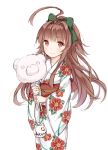  1girl ahoge bow brown_eyes brown_hair closed_mouth commentary_request green_bow hair_bow japanese_clothes kantai_collection kimono kuma_(kantai_collection) long_hair long_sleeves smile solo wataame27 wide_sleeves yukata 