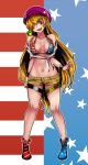  1girl alternate_costume american_flag american_flag_bikini aoshima bare_shoulders bikini bikini_top blonde_hair bracelet breasts caution_tape clownpiece collarbone ear_studs earrings flag_print hair_over_one_eye hat highres jewelry long_hair midriff navel off_shoulder open_mouth round_teeth shirt short_shorts shorts smile solo swimsuit teeth thigh_strap tied_shirt touhou very_long_hair violet_eyes 