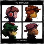  1girl 3boys album_cover amano_keita black_border border cigarette cover demon_days_cover goggles_on_hat gorillaz green_hair half-closed_eyes hat headphones imada_kanchi jipo_(myu-tata) kodama_fumika kumashima_gorouta level-5 long_hair mouth_hold multiple_boys olm_digital parody ponytail profile romaji short_hair skull_and_crossbones white_background youkai_watch 