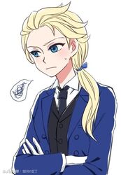  1girl alternate_costume alternate_hairstyle blonde_hair blue_eyes crossed_arms elsa_(frozen) embarrassed formal frozen_(disney) gloves low_ponytail solo suit upper_body 