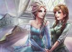  2girls anna_(frozen) bed blonde_hair braid elsa_(frozen) eye_contact frozen_(disney) holding_hands jio_sua looking_at_another multiple_girls on_bed orange_hair siblings single_braid sisters sitting twin_braids window 