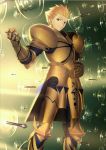 1boy armor blonde_hair fate/grand_order fate_(series) gate_of_babylon gauntlets gilgamesh hand_on_hip highres looking_at_viewer red_eyes solo spaulders weapon 