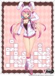  1girl :3 :d animal_backpack animal_ears animal_hood argyle argyle_background bangs blush border bow breasts bunny_hood crossed_legs dice fang full_body green_eyes hood hooded_jacket lace_border leg_warmers long_hair long_sleeves looking_at_viewer one_eye_closed open_mouth pink_background pink_hair pink_shoes polka_dot pom_pom_(clothes) rabbit_ears ratio_(ratio-d) red_bow scrunchie shoes smile solo standing stuffed_animal stuffed_bunny stuffed_toy text twintails unleashed 