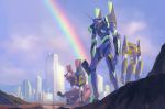  building city cityscape clouds crane eva_00 eva_01 eva_02 fmu kneeling mecha mountain neon_genesis_evangelion no_humans oldschool one_knee rainbow realistic science_fiction sky skyscraper squatting 