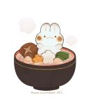  artist_name ayu_(mog) bowl carrot closed_mouth commentary food full_body looking_at_viewer mushroom no_humans original rabbit shiitake simple_background solid_circle_eyes spinach steam vegetable watermark white_background zouni_soup 