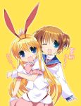  blonde_hair brown_hair cat kataoka_yuuki rabbit_ears rfa saki school_uniform simple_background wink wrist_cuffs 