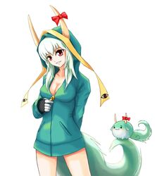  alternate_costume breasts cleavage contemporary dual_persona ex-keine ex_keine green_hair hood hoodie horn_ribbon horns jacket kamishirasawa_keine kin&#039;iro_sakana-kan kin'iro_sakana-kan red_eyes ribbon sukusuku_hakutaku tail touhou 