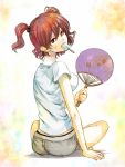  alternate_costume breasts contemporary fan from_below hair_bobbles hair_ornament indian_style looking_back meet mouth_hold onozuka_komachi paper_fan popsicle red_eyes red_hair redhead short_hair shorts sitting solo t-shirt touhou twintails uchiwa 