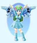  backpack bag blue_eyes blue_hair breasts hair_bobbles hair_ornament hat impossible_clothes impossible_shirt kawashiro_nitori key navel nishin nishindoh shirt short_hair solo touhou twintails 