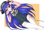 bdsm blue_hair bondage breast_bondage chain chains collar cuffs food fruit hat hinanawi_tenshi long_hair one-piece_swimsuit peach red_eyes rope school_swimsuit simple_background solo swimsuit tears thigh-highs thighhighs touhou 